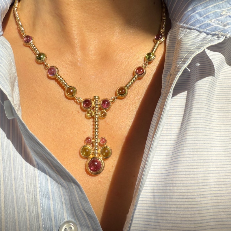 14k Italian Yellow Gold Pink & Green Tourmaline Cabochon Necklace