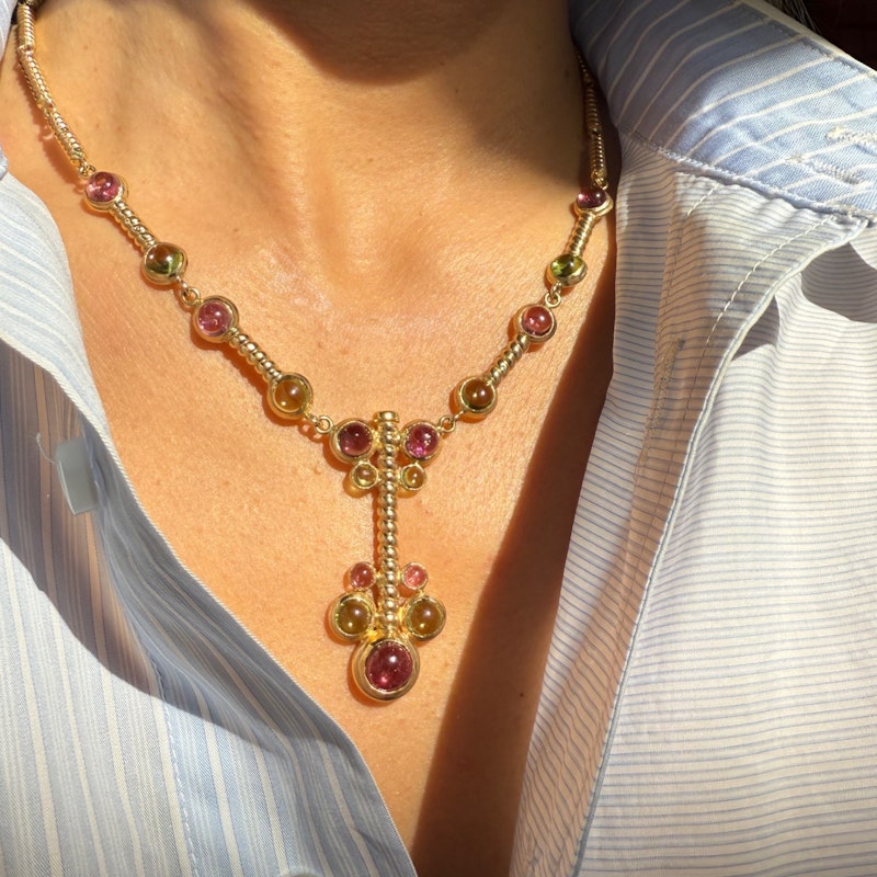 14k Italian Yellow Gold Pink & Green Tourmaline Cabochon Necklace
