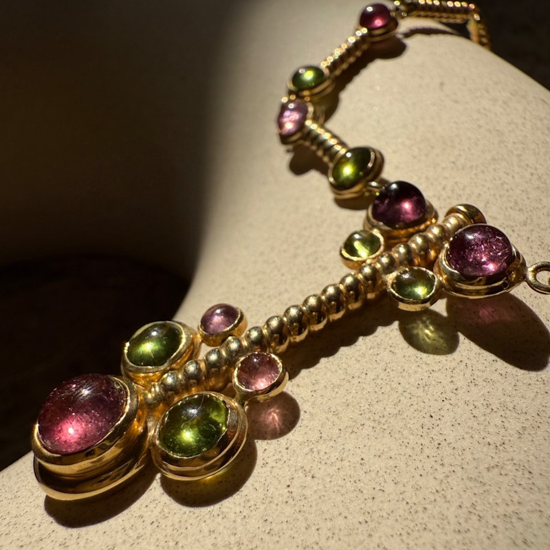 14k Italian Yellow Gold Pink & Green Tourmaline Cabochon Necklace
