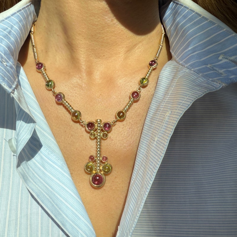 14k Italian Yellow Gold Pink & Green Tourmaline Cabochon Necklace