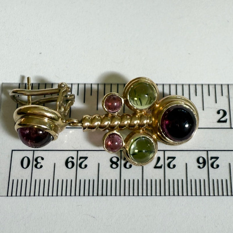 14k Italian Yellow Gold Pink & Green Tourmaline Cabochon Drop Earring