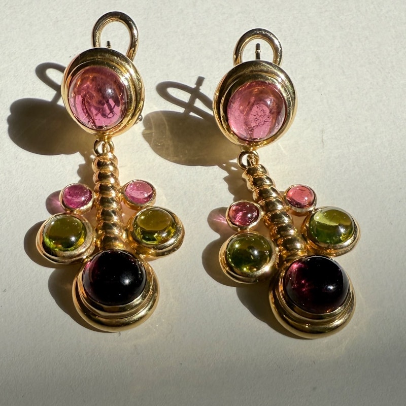 14k Italian Yellow Gold Pink & Green Tourmaline Cabochon Drop Earring