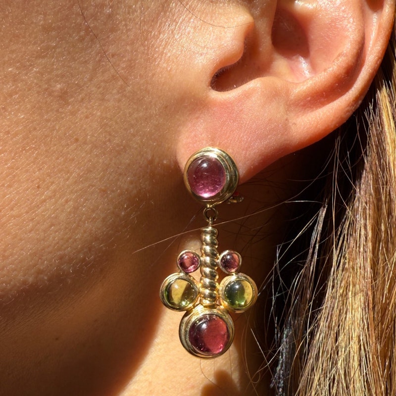 14k Italian Yellow Gold Pink & Green Tourmaline Cabochon Drop Earring