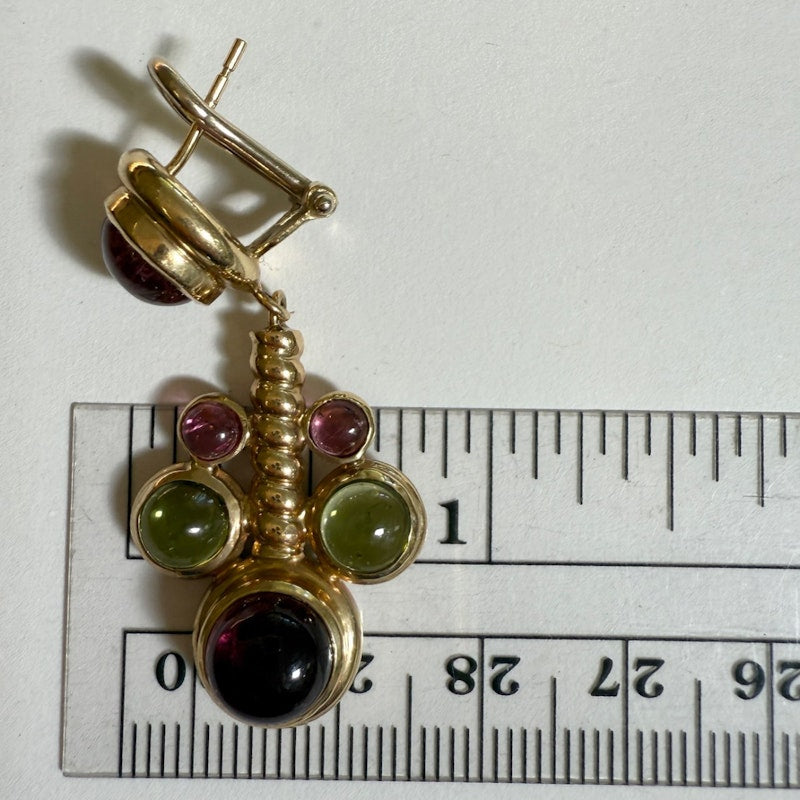 14k Italian Yellow Gold Pink & Green Tourmaline Cabochon Drop Earring