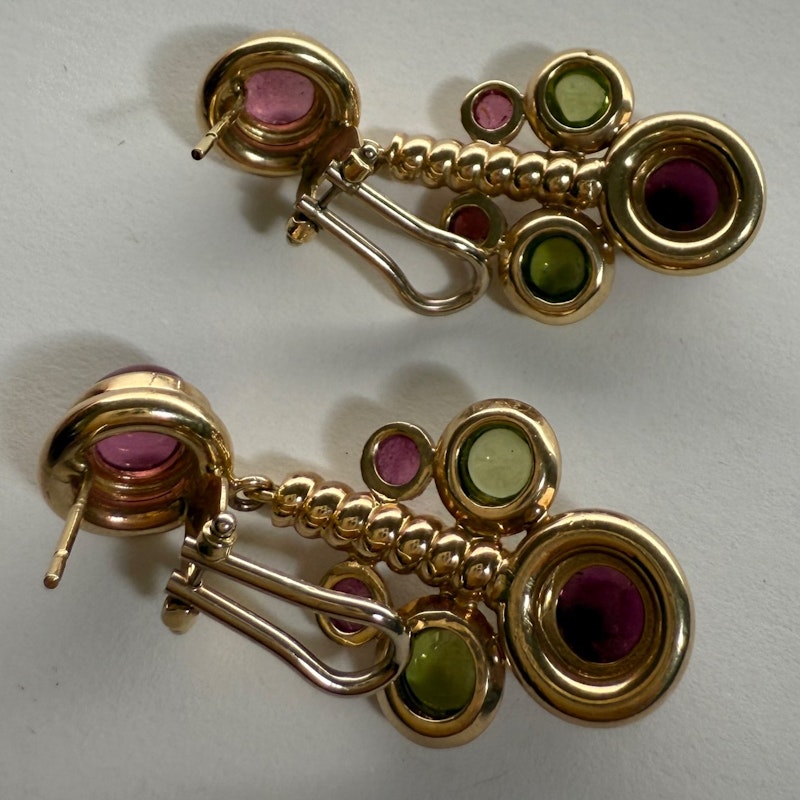 14k Italian Yellow Gold Pink & Green Tourmaline Cabochon Drop Earring