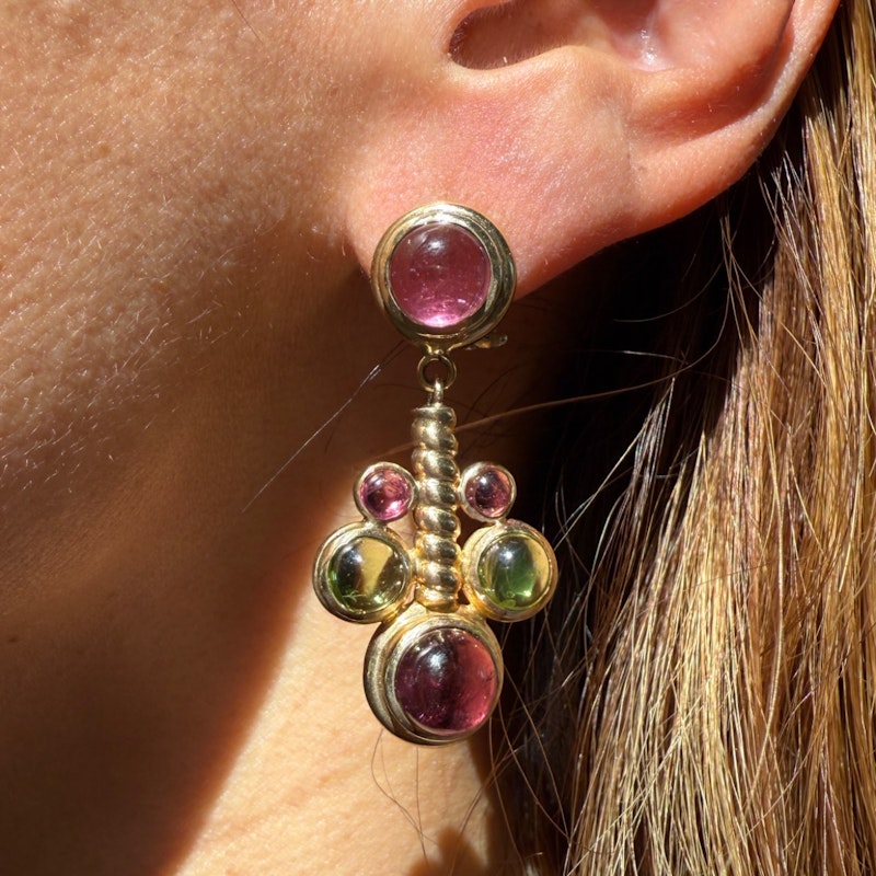 14k Italian Yellow Gold Pink & Green Tourmaline Cabochon Drop Earring
