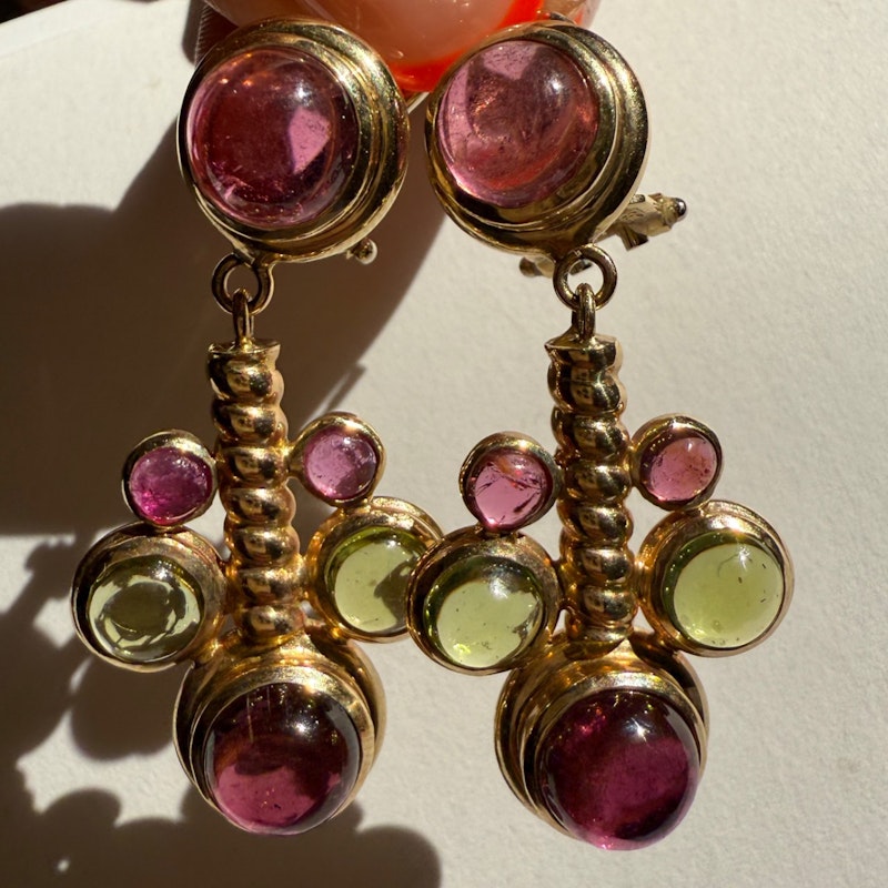 14k Italian Yellow Gold Pink & Green Tourmaline Cabochon Drop Earring