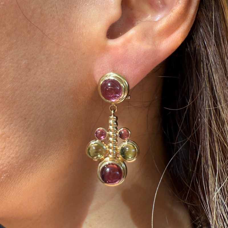 14k Italian Yellow Gold Pink & Green Tourmaline Cabochon Drop Earring