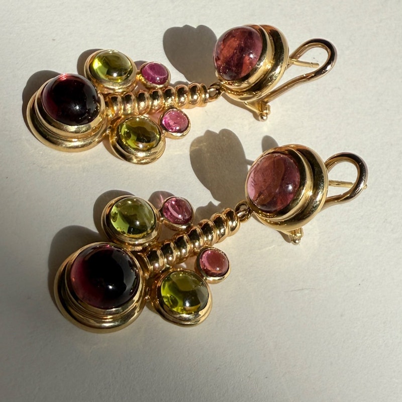 14k Italian Yellow Gold Pink & Green Tourmaline Cabochon Drop Earring