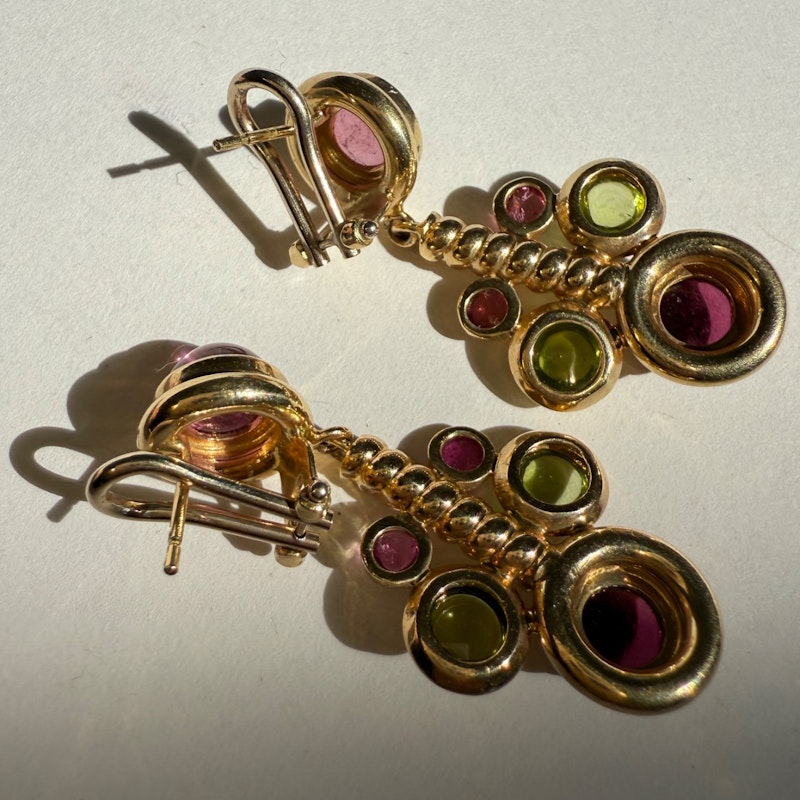14k Italian Yellow Gold Pink & Green Tourmaline Cabochon Drop Earring