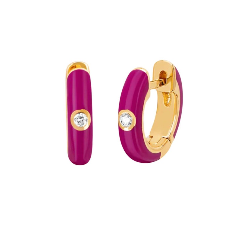 EF Collection 14k Yellow Gold Berry Enamel & Diamond Huggie Earrings
