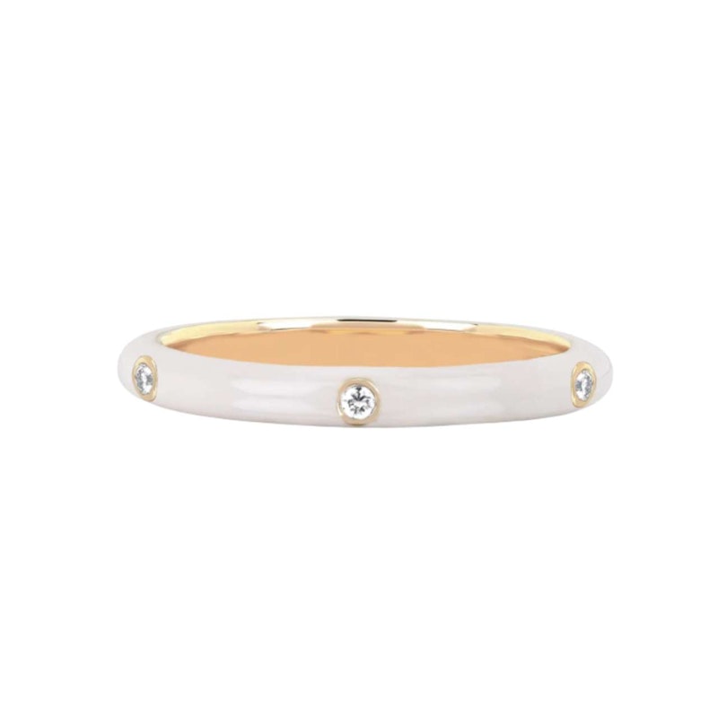 EF Collection 14k Yellow Gold Triple Diamond White Enamel Ring
