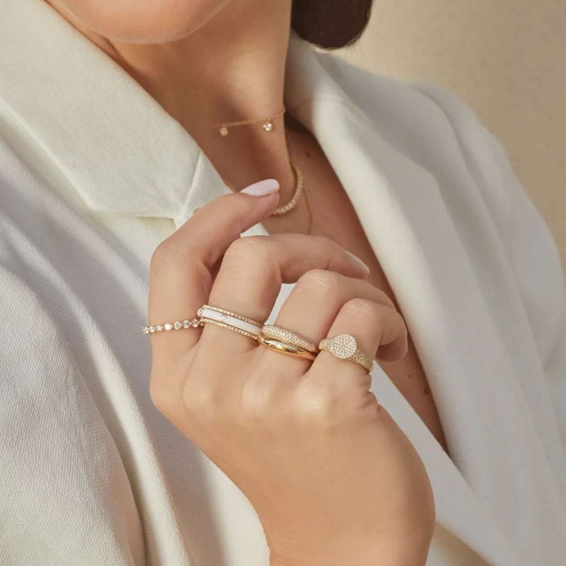 EF Collection 14k Yellow Gold Triple Diamond White Enamel Ring