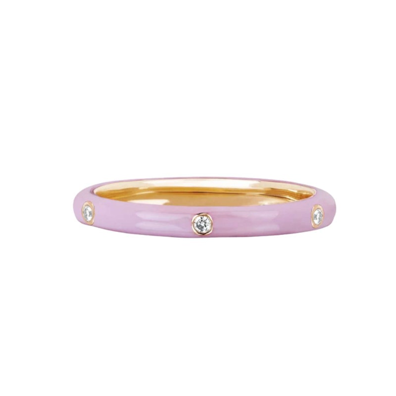 EF Collection 14k Yellow Gold Triple Diamond Light Pink Enamel Ring