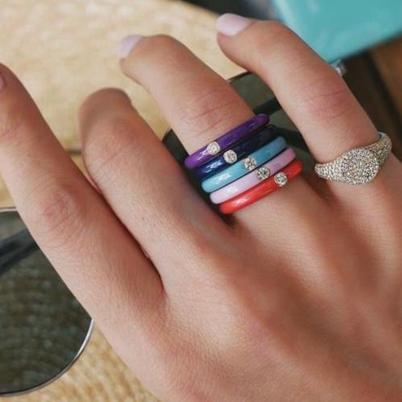 EF Collection 14k Yellow Gold Jumbo Single Diamond Ultra Violet Enamel Ring