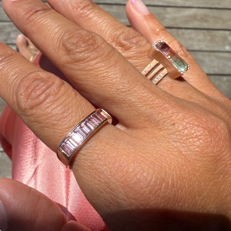 Jane Taylor 14k Rose Gold Pink Baguette Tourmaline Square Ring