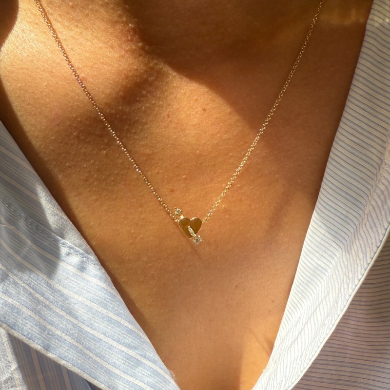 EF Collection 14k Yellow Gold Heart & Diamond Arrow Necklace