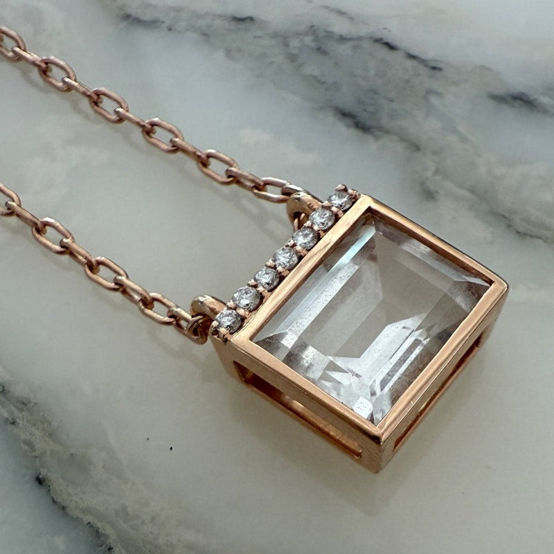 Jane Taylor 14k Rose Gold White Topaz Bold Baguette Necklace