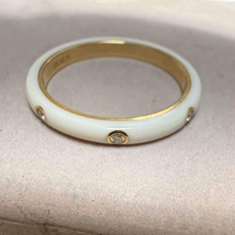 EF Collection 14k Yellow Gold Triple Diamond White Enamel Ring