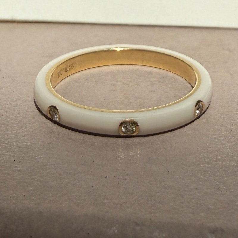 EF Collection 14k Yellow Gold Triple Diamond White Enamel Ring
