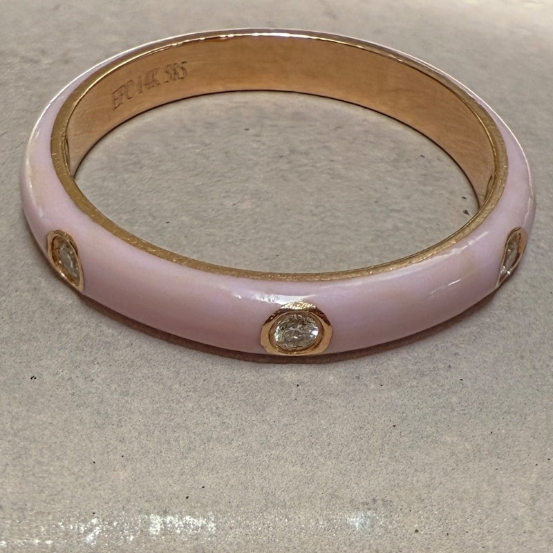 EF Collection 14k Yellow Gold Triple Diamond Light Pink Enamel Ring