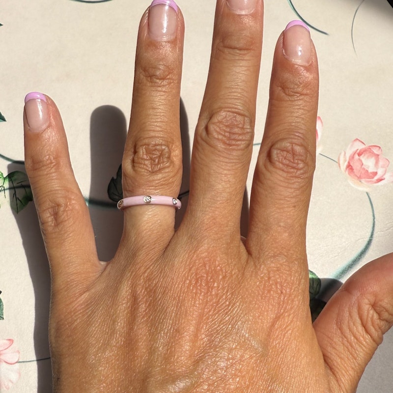 EF Collection 14k Yellow Gold Triple Diamond Light Pink Enamel Ring