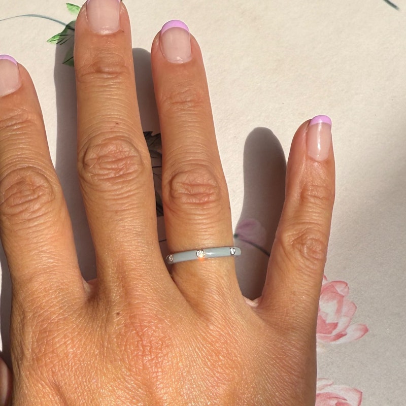 EF Collection 14k White Gold Light Triple Diamond Grey Enamel Ring