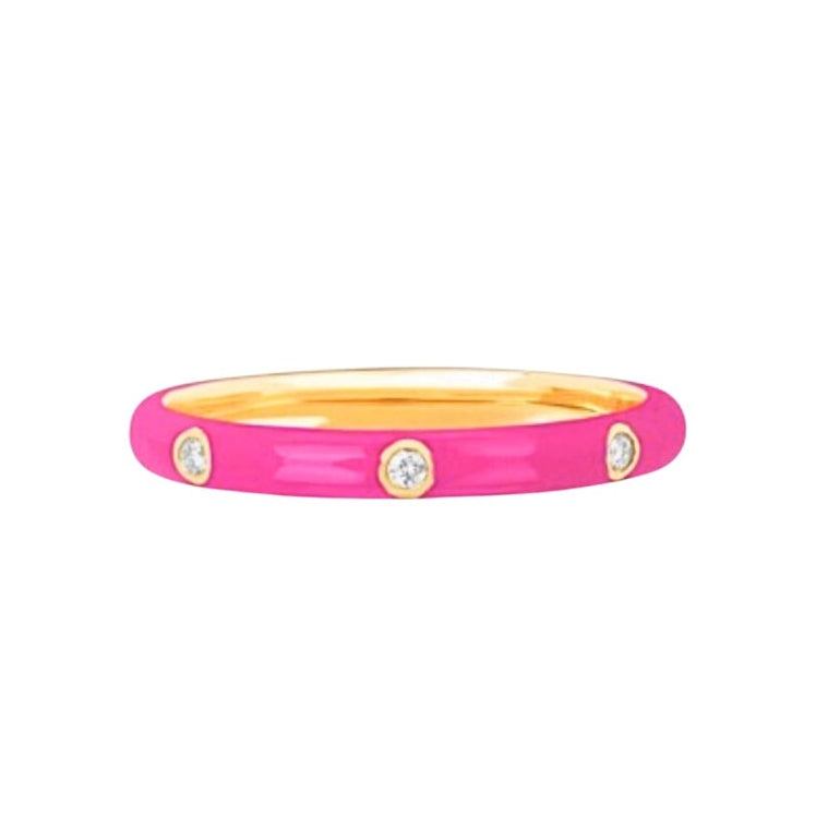 EF Collection 14k Yellow Gold Ultra Bubble Gum Pink Triple Diamond Enamel Ring