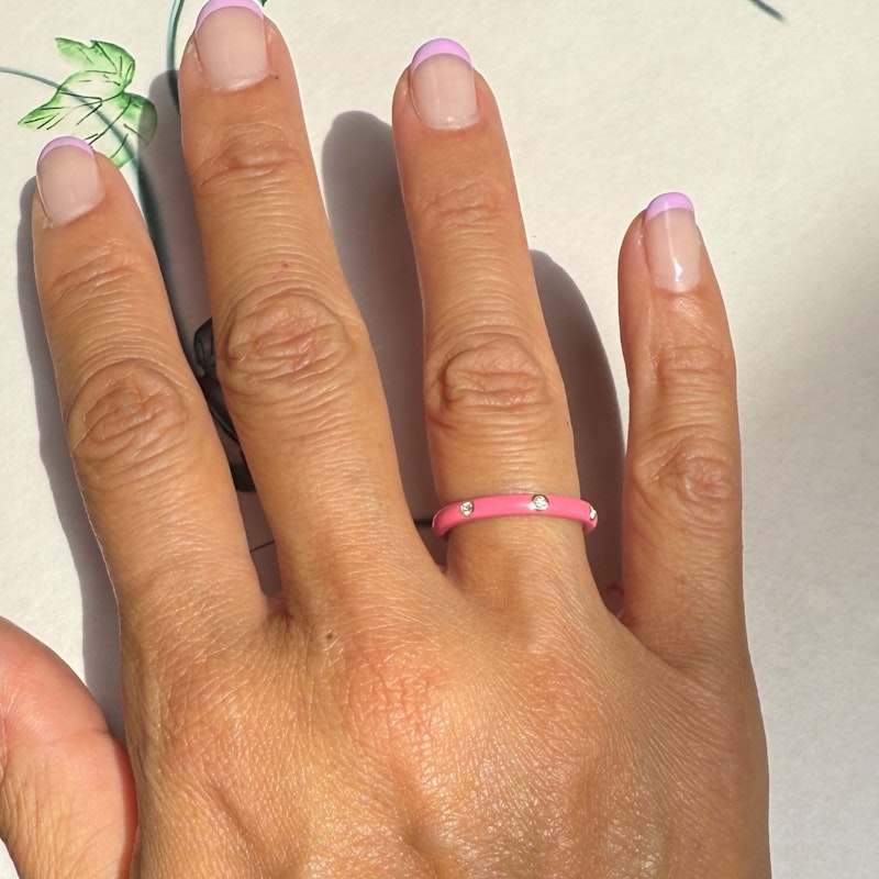 EF Collection 14k Yellow Gold Ultra Bubble Gum Pink Triple Diamond Enamel Ring