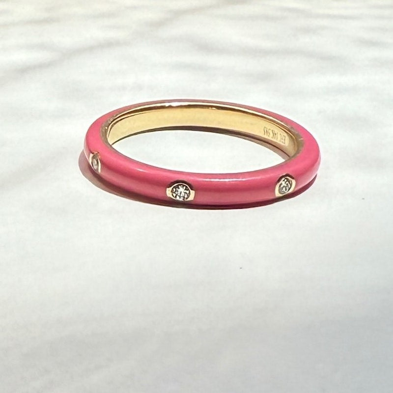 EF Collection 14k Yellow Gold Ultra Bubble Gum Pink Triple Diamond Enamel Ring