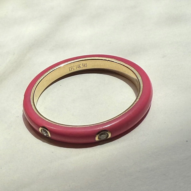 EF Collection 14k Yellow Gold Ultra Bubble Gum Pink Triple Diamond Enamel Ring
