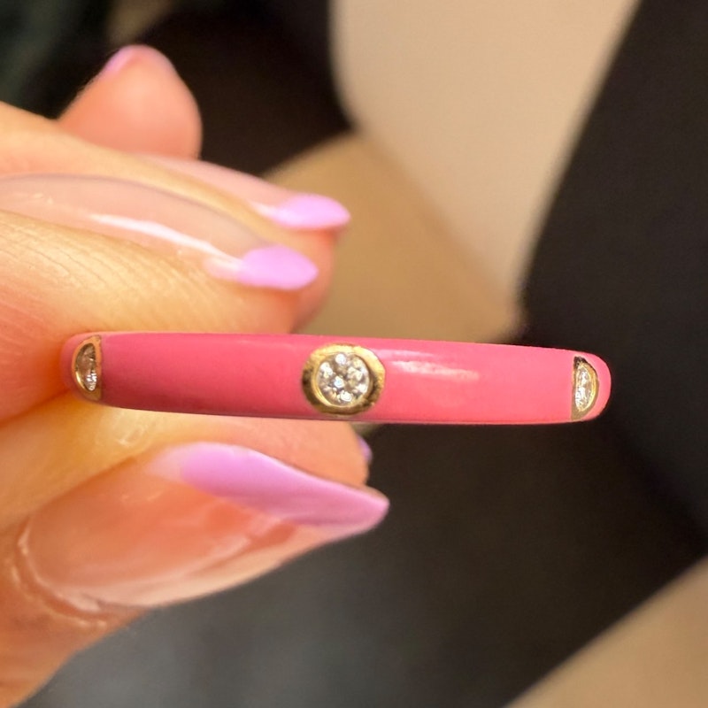 EF Collection 14k Yellow Gold Ultra Bubble Gum Pink Triple Diamond Enamel Ring