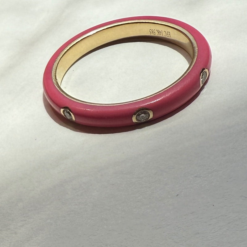 EF Collection 14k Yellow Gold Ultra Bubble Gum Pink Triple Diamond Enamel Ring