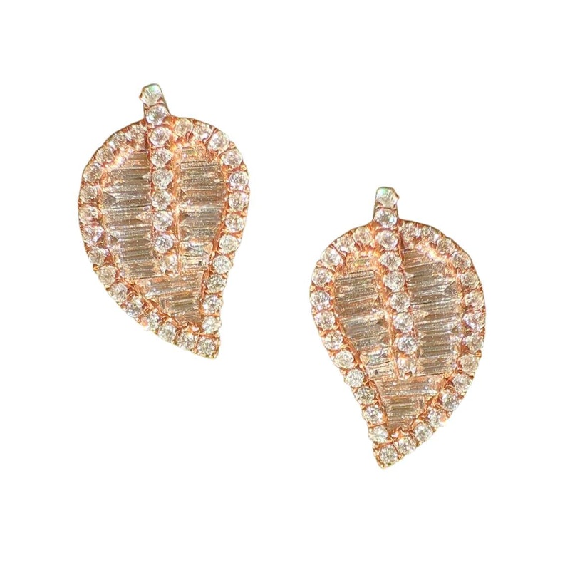 14k Rose Gold Baguette Diamond Leaf Stud Earrings