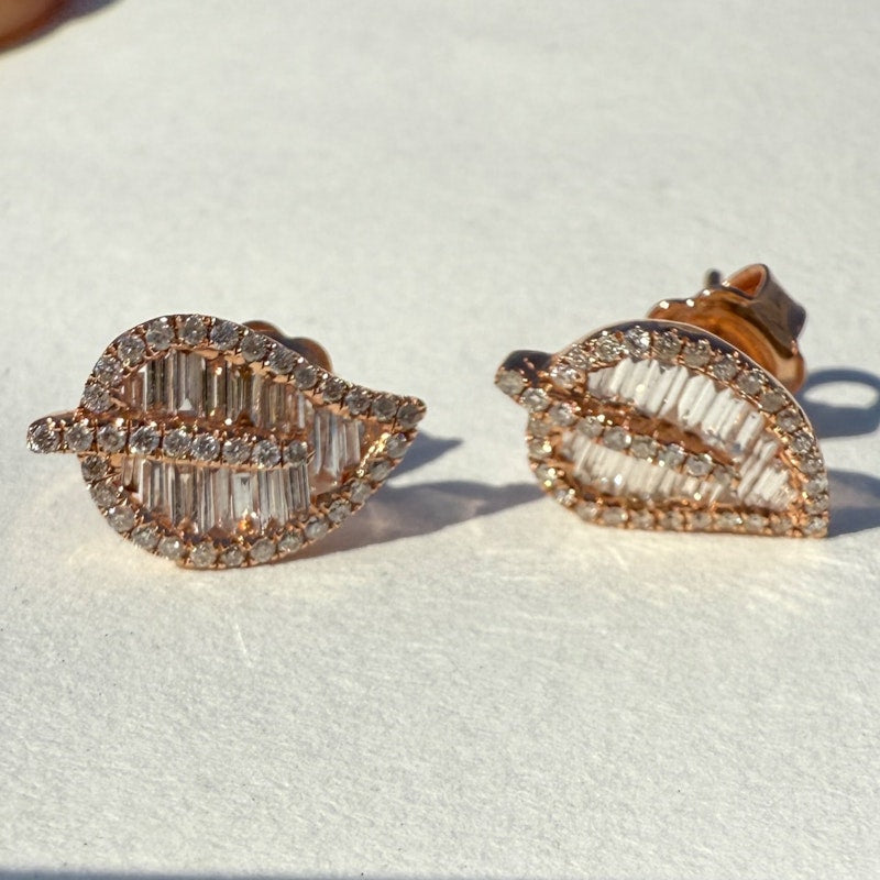 14k Rose Gold Baguette Diamond Leaf Stud Earrings