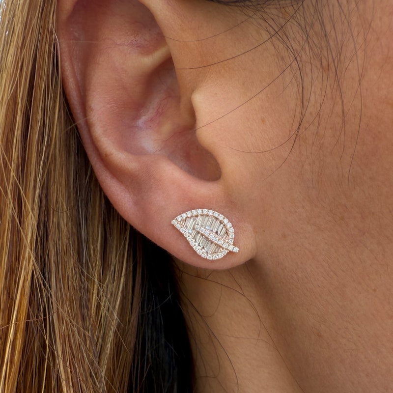 14k Rose Gold Baguette Diamond Leaf Stud Earrings