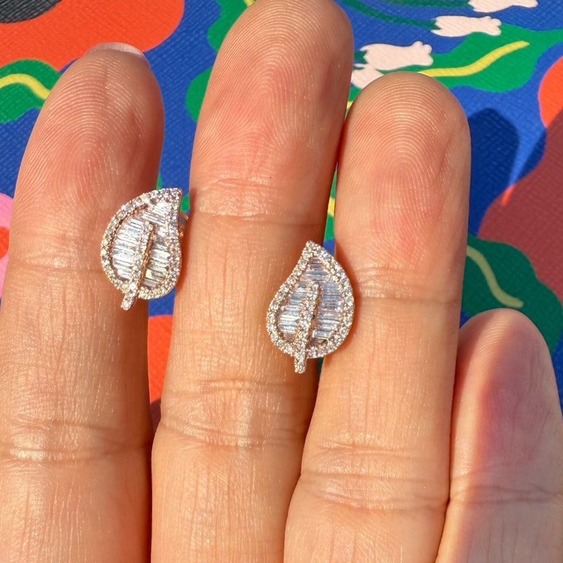 14k Rose Gold Baguette Diamond Leaf Stud Earrings