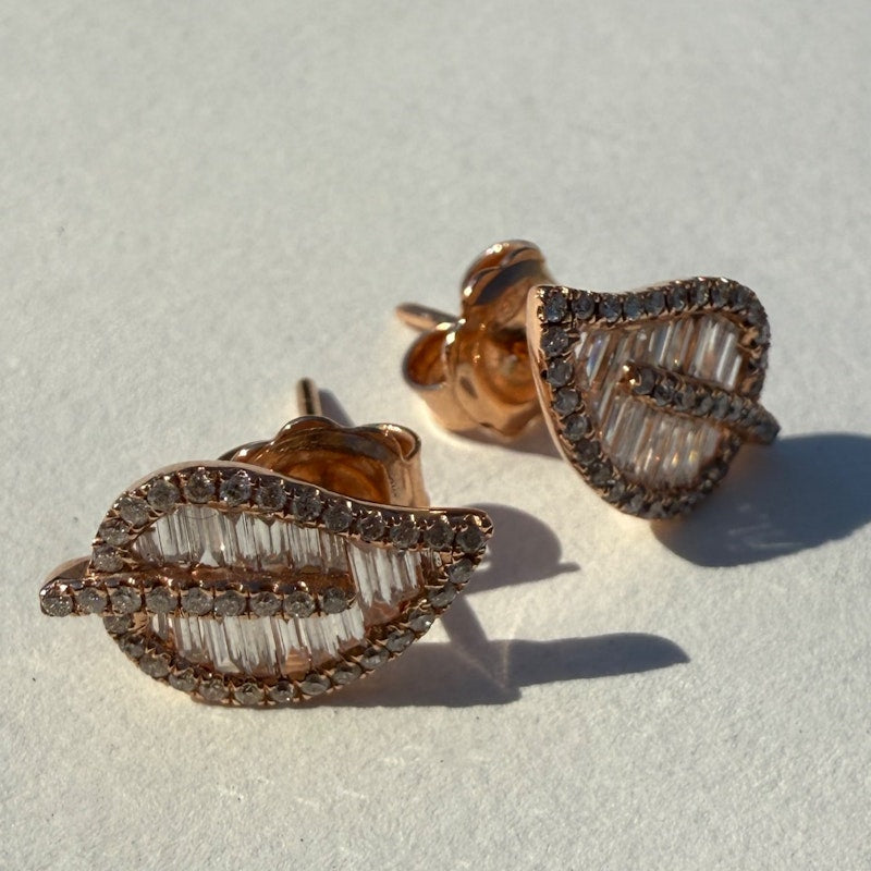 14k Rose Gold Baguette Diamond Leaf Stud Earrings