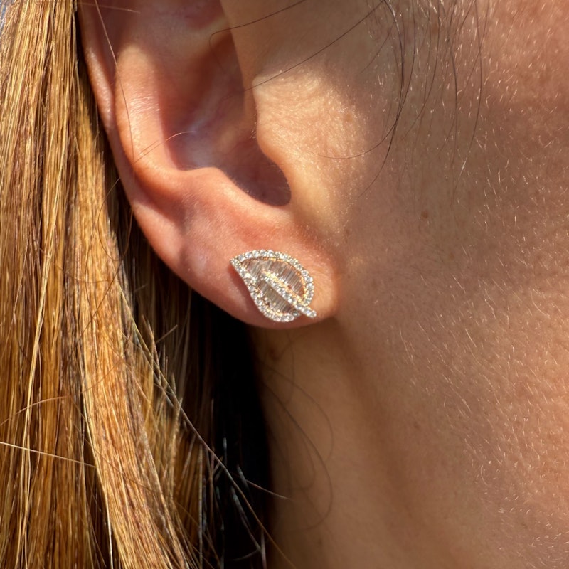 14k Rose Gold Baguette Diamond Leaf Stud Earrings