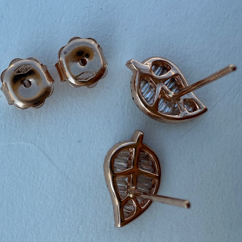 14k Rose Gold Baguette Diamond Leaf Stud Earrings