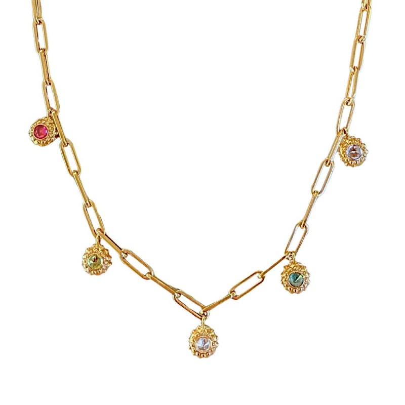 Ana Katarina 18k Yellow Gold Paperclip Chain Tribe Necklace with Multi-Gemstone Charms