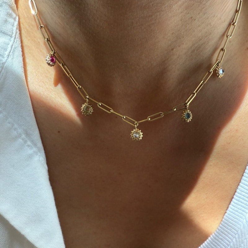 Ana Katarina 18k Yellow Gold Paperclip Chain Tribe Necklace with Multi-Gemstone Charms