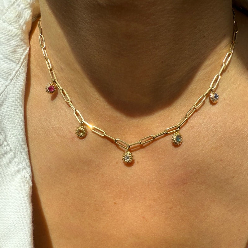 Ana Katarina 18k Yellow Gold Paperclip Chain Tribe Necklace with Multi-Gemstone Charms