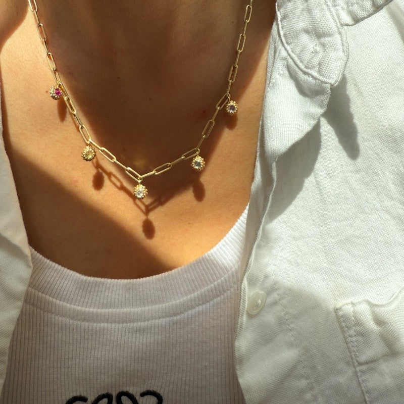 Ana Katarina 18k Yellow Gold Paperclip Chain Tribe Necklace with Multi-Gemstone Charms