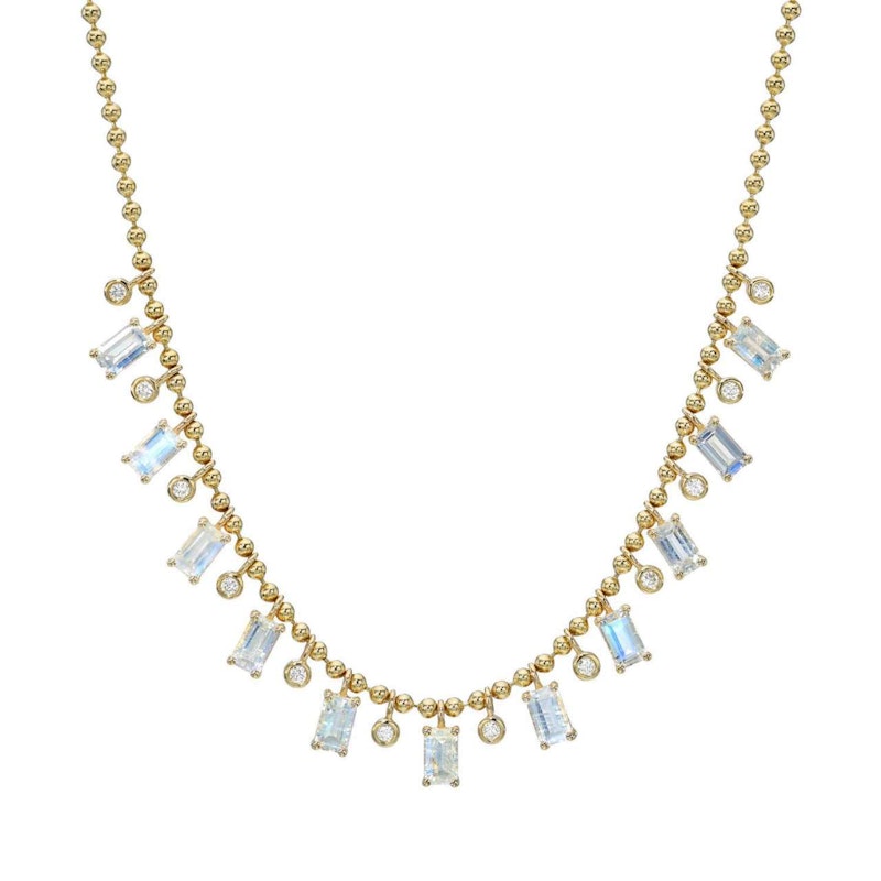 14K Yellow Gold Moonstone & Diamond Ball Chain Shaker Necklace