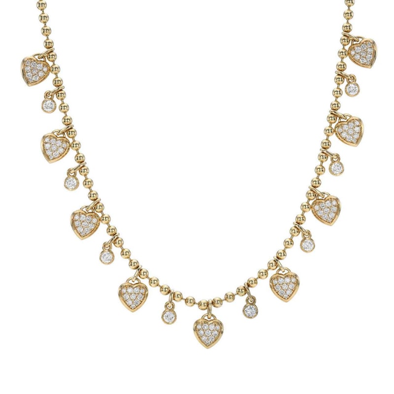 14K Yellow Gold Diamond Heart Dangle Ball Chain Necklace