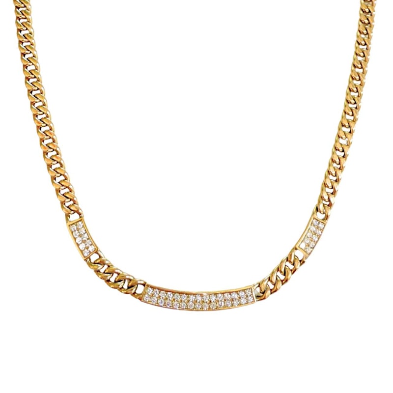 18k Yellow Gold Cuban Chain Diamond Bar Necklace