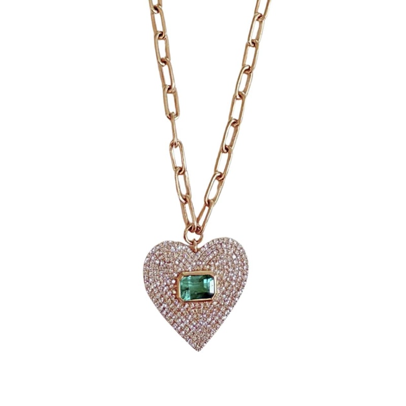 14k Yellow Gold Emerald & Diamond Heart Paperclip Chain Necklace