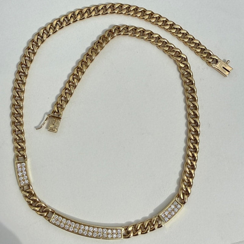 18k Yellow Gold Cuban Chain Diamond Bar Necklace