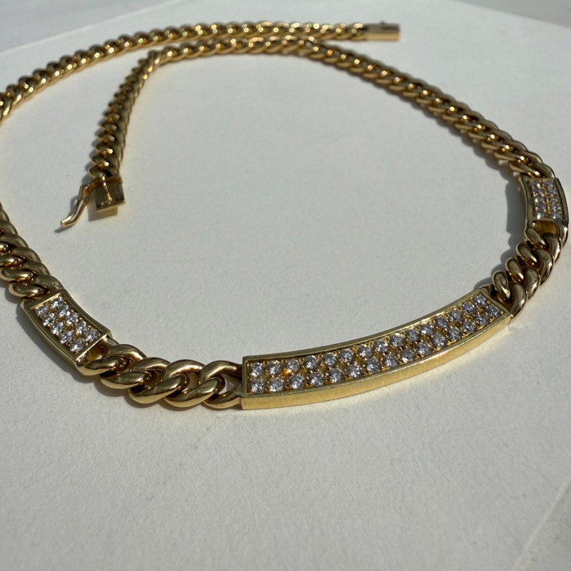 18k Yellow Gold Cuban Chain Diamond Bar Necklace